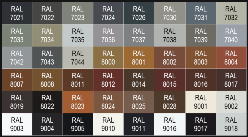 Зам рал. RAL Classic 8025 краска фасада. RAL RAL RAL 9011 цвет. Порошковая краска RAL 9004. Краска алюминий рал палитра.